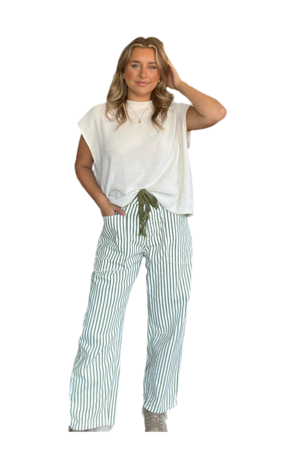 Olive Striped Barrel Pants – Effortless Cool by Aaron & Amber - Vintage Dragonfly Boutique