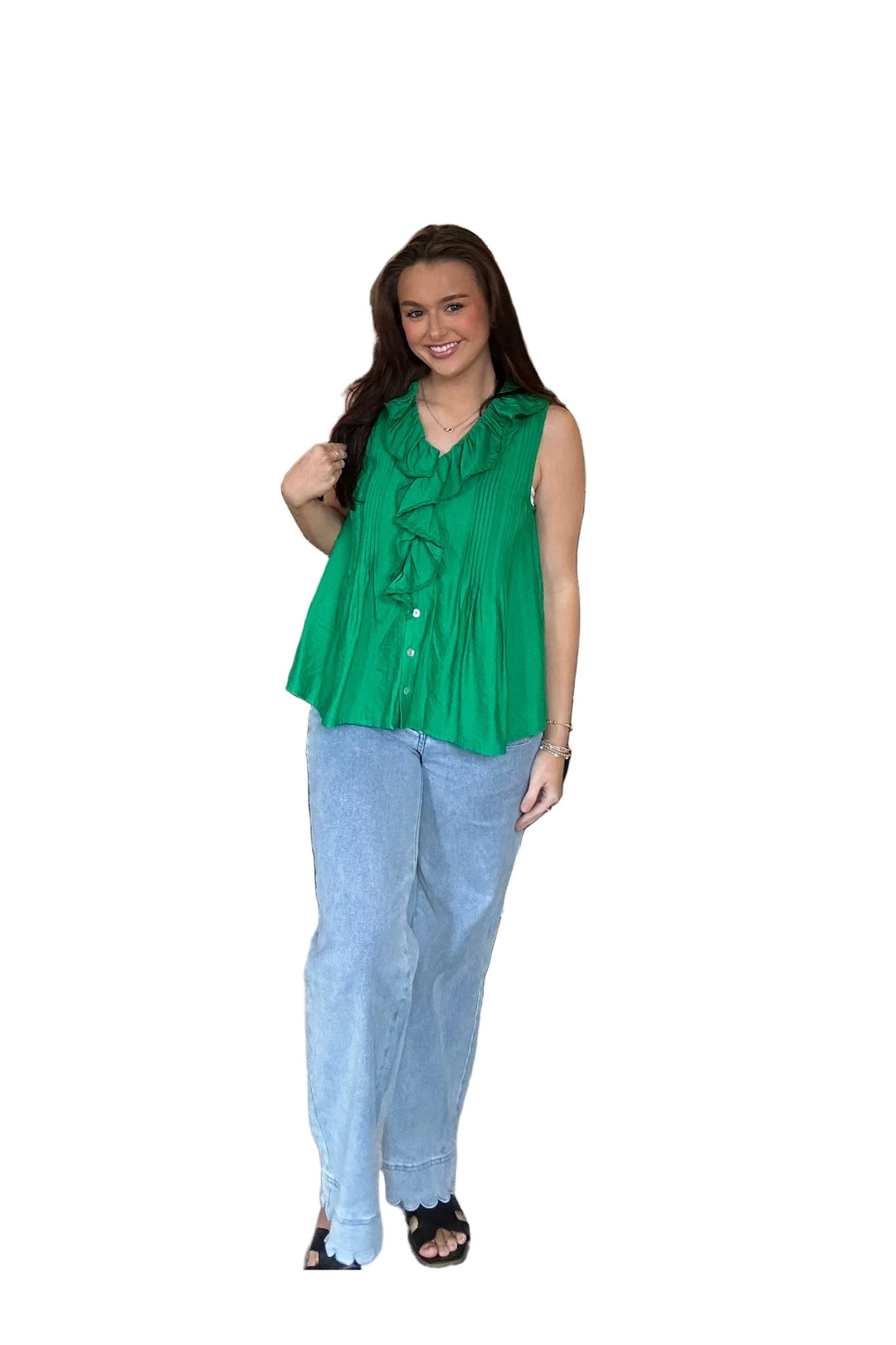 Entro Emerald Green Ruffle Front Sleeveless Blouse - Vintage Dragonfly Boutique