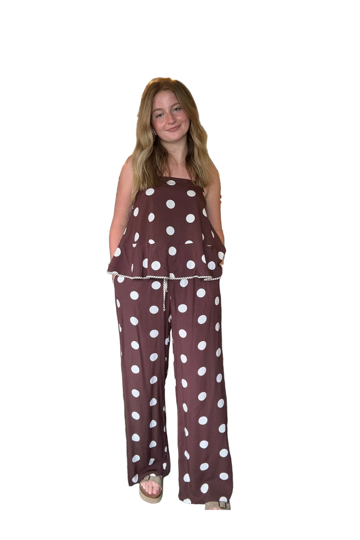 Entro Brown Polka Dot Wide Leg Pants - Vintage Dragonfly Boutique