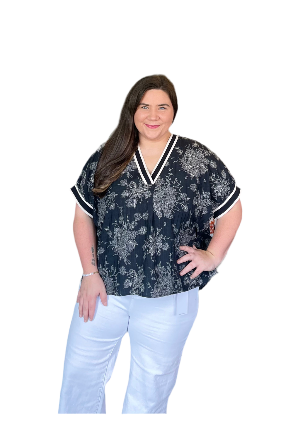 Entro Black & Cream Split Neck Dolman Sleeve Top - Vintage Dragonfly Boutique
