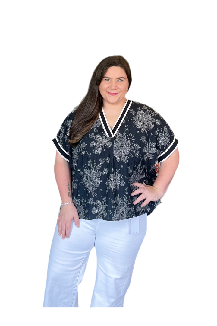Entro Black & Cream Split Neck Dolman Sleeve Top - Vintage Dragonfly Boutique