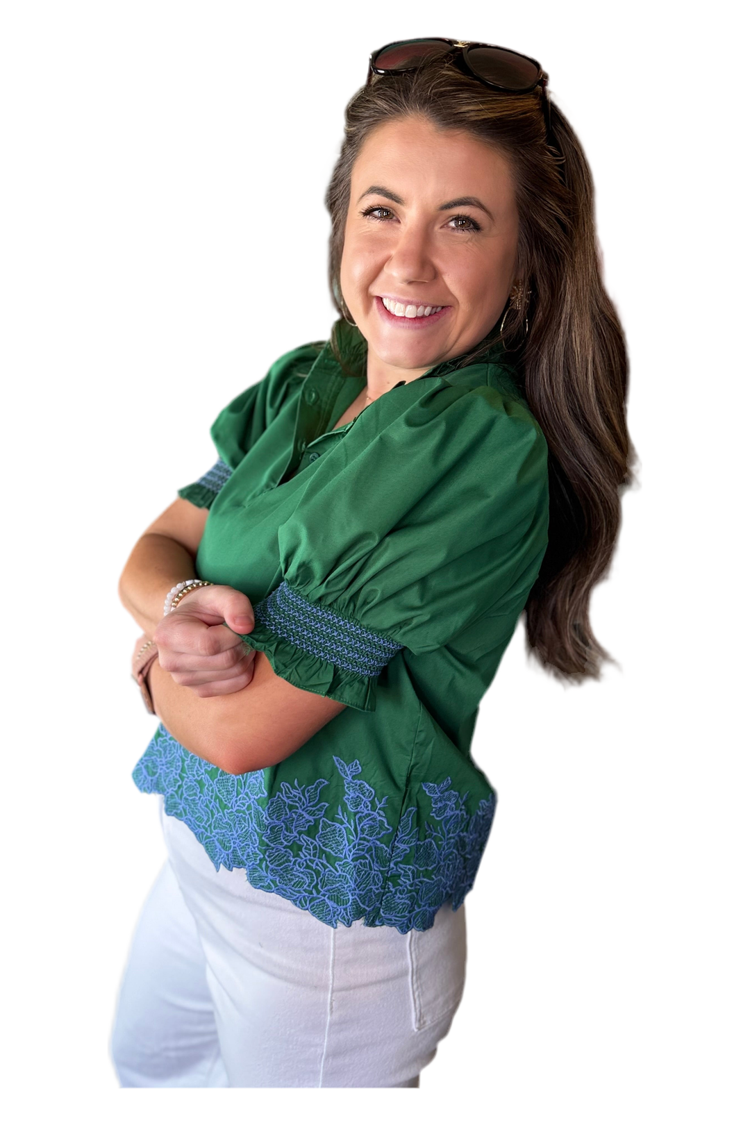 The Graceful Edge Embroidered Puff Sleeve Blouse – Hunter Green + Blue