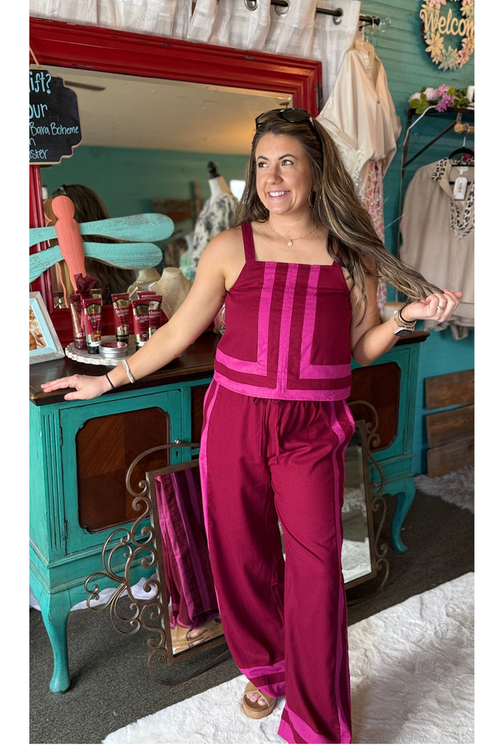 Maroon and Rose Accent Sleeveless Top and Wide Leg High Waist Bottoms Set - Vintage Dragonfly Boutique