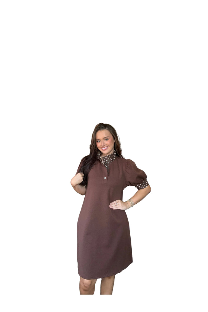 Entro Chocolate Brown Polka Dot Trim Puff Sleeve Dress - Vintage Dragonfly Boutique