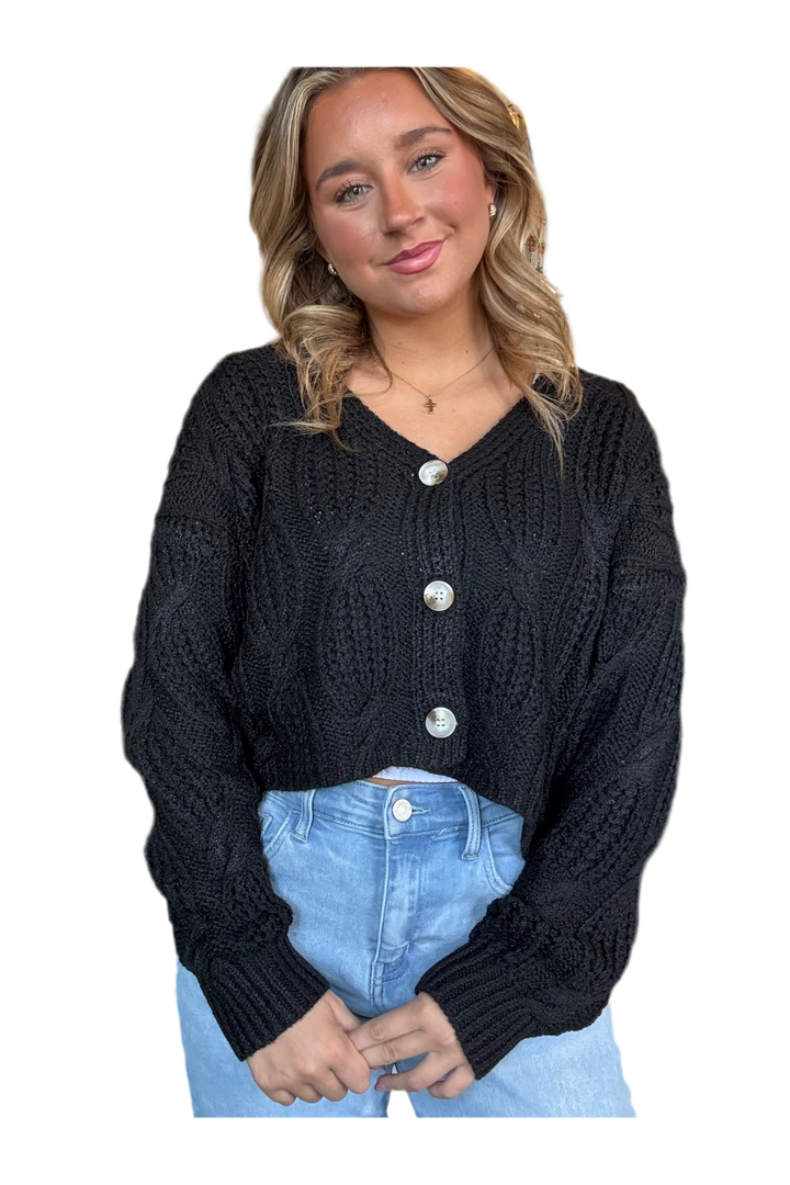 Button Down Crochet Cardigan in Black