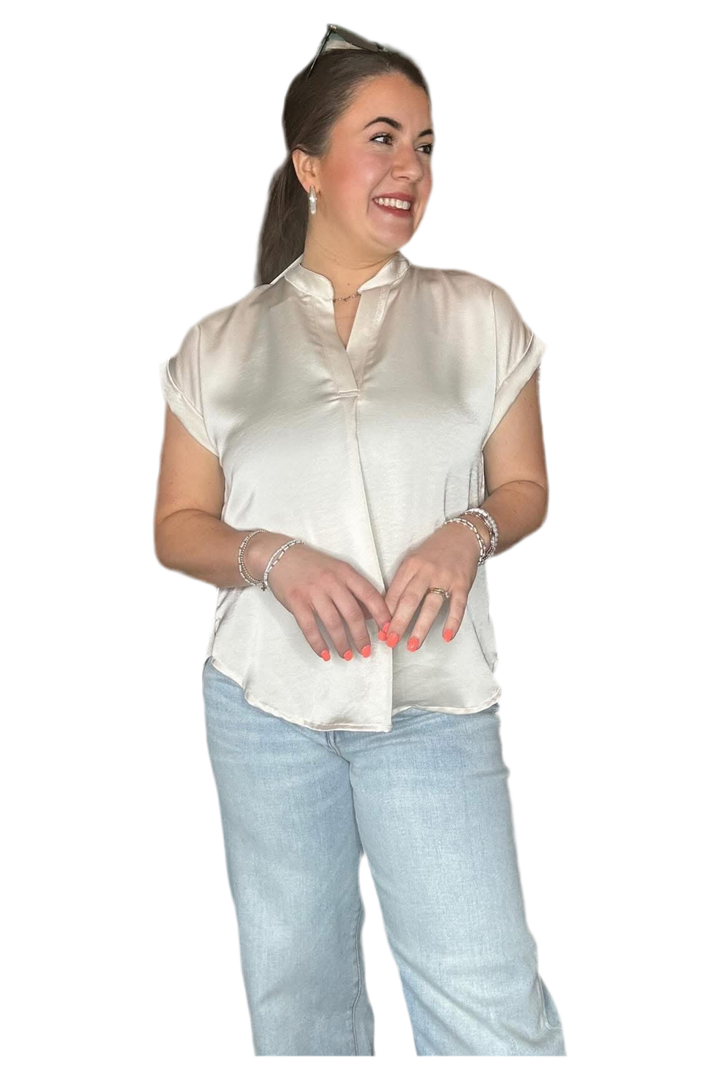 Round Collar Short Sleeve Vneck Top - Vintage Dragonfly Boutique