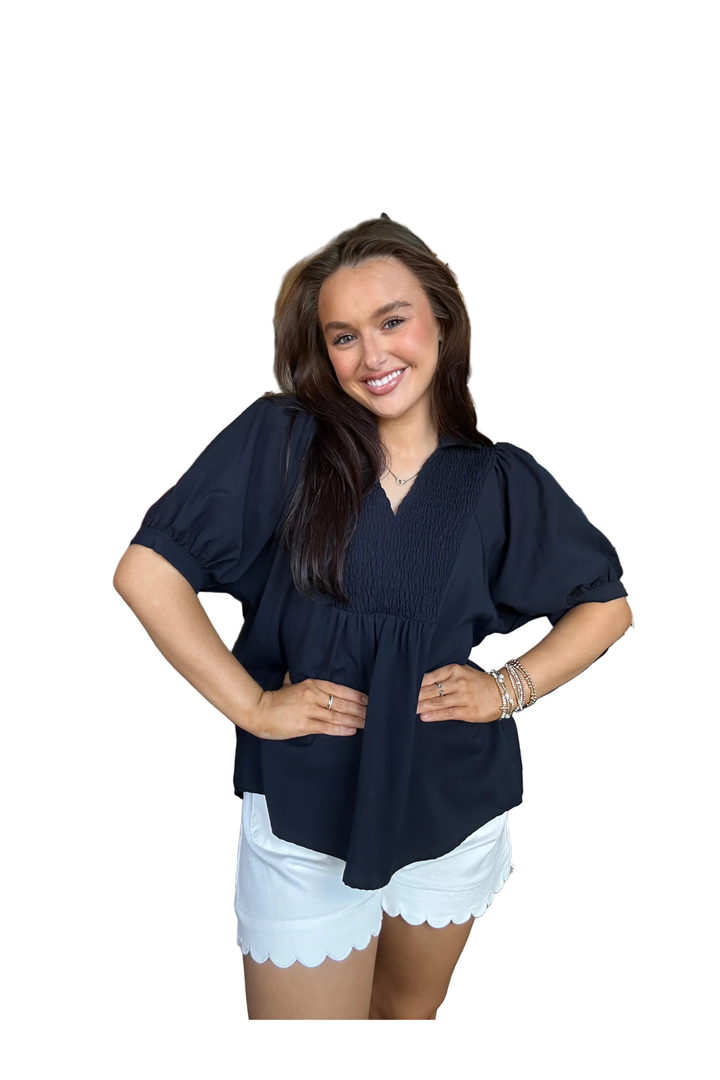 ENTRO Smocked V-Neck Blouse – Blue &amp; Black Lightweight Puff Sleeve Top - Vintage Dragonfly Boutique