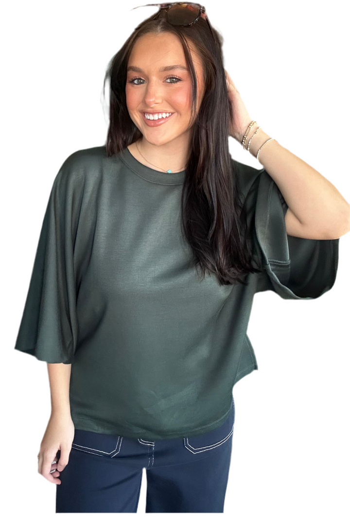 Entro Dark Green Knit Top – Elbow Sleeve Relaxed Silhouette Blouse