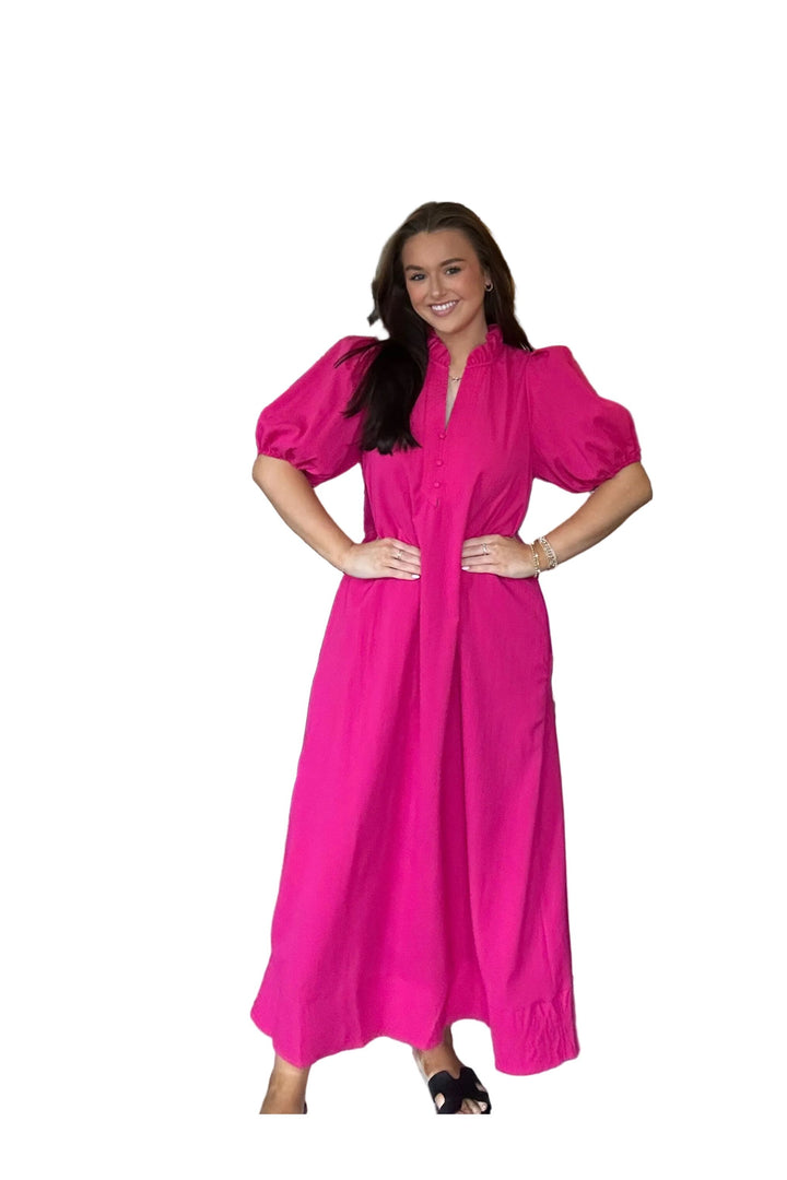 Entro Hot Pink Midi Dress with Puff Sleeves - Vintage Dragonfly Boutique
