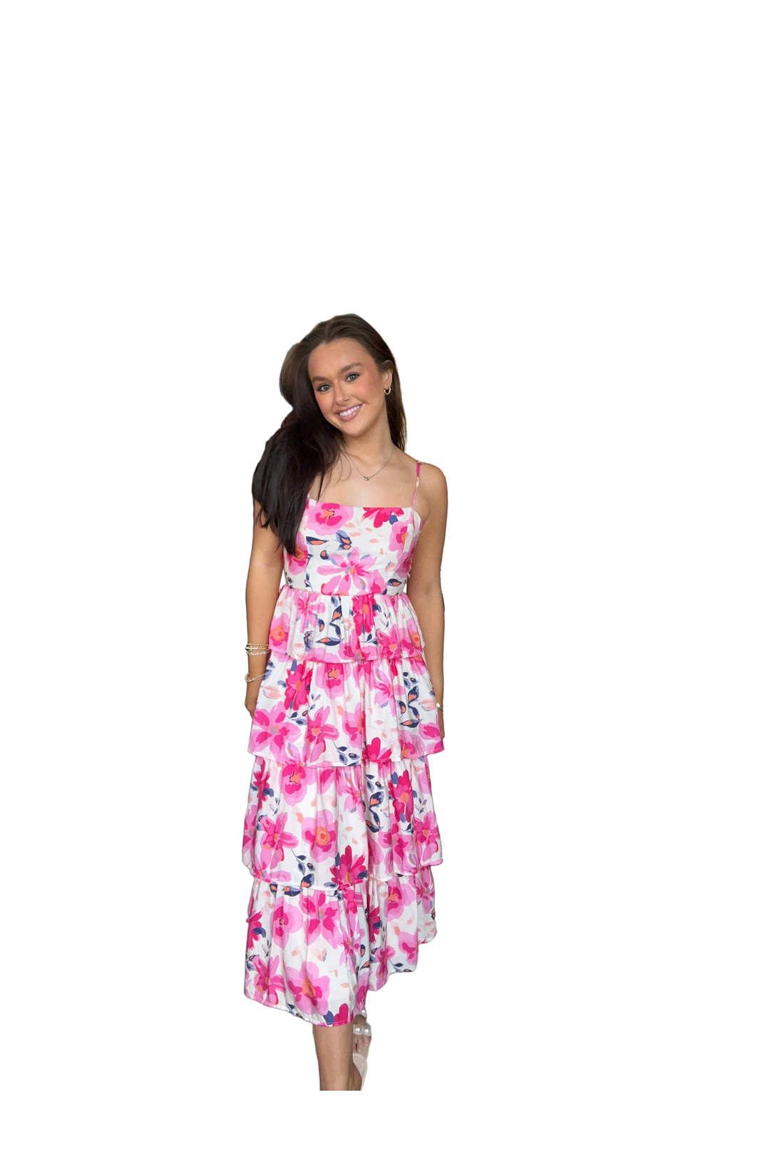 TCEC Pink Floral Layered Midi Dress – Open Back Tie Detail - Vintage Dragonfly Boutique
