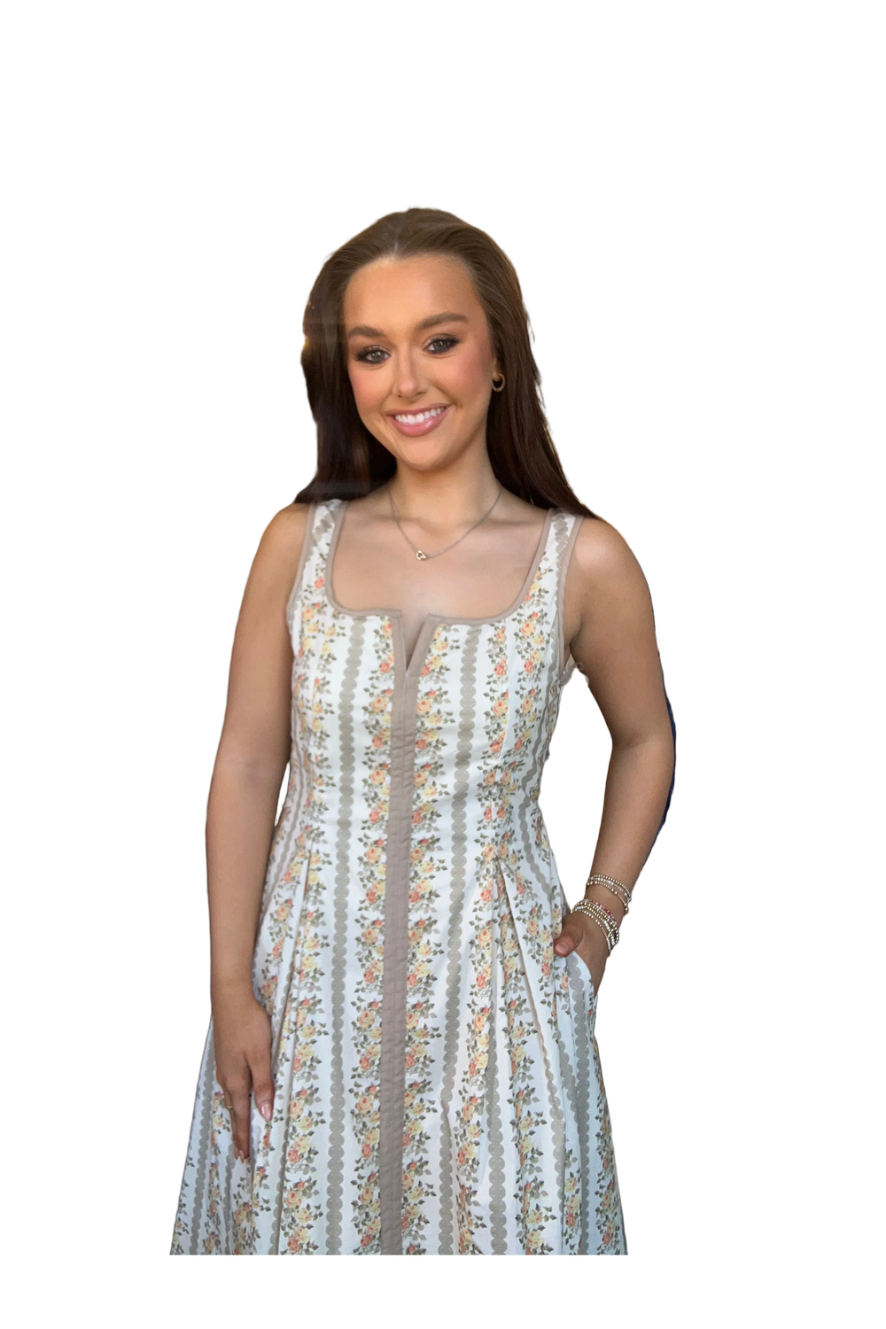 Floral Stripe Sleeveless Midi Dress with Ribbon  Detail - Vintage Dragonfly Boutique