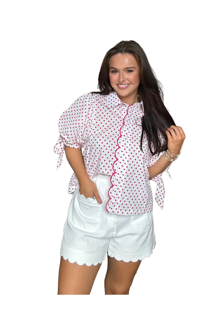 Entro Polka Dot Scallop Trim Blouse – Hot Pink &amp; Black Puff Sleeve Tie Waist Top - Vintage Dragonfly Boutique