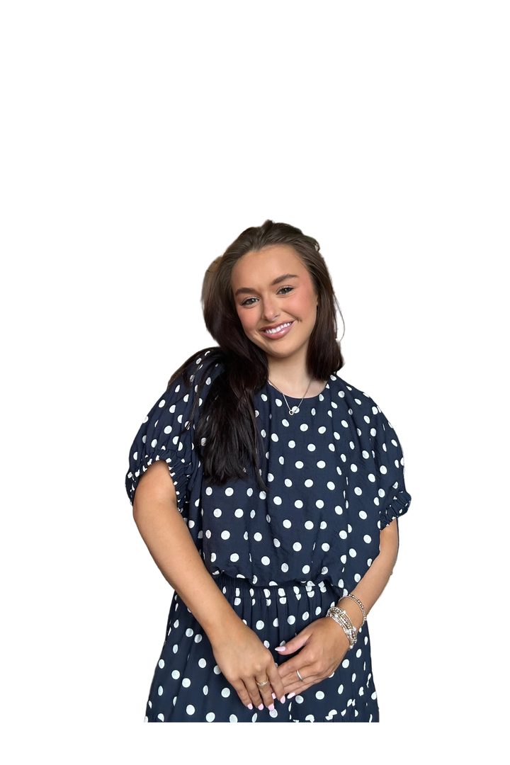 Entro Navy Polka Dot Dolman Sleeve Top with Elastic Hem - Vintage Dragonfly Boutique