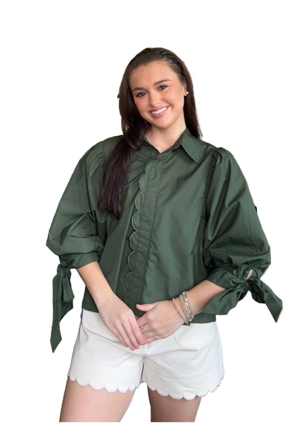 Entro Tie Sleeve Button Front Blouse in Chocolate Brown & Army Green - Vintage Dragonfly Boutique