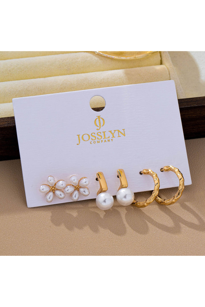 JOSSLYN by wall to wall - Pearl &amp; Floral Gold Textured Earring Set | 80E63276: GOLD - Vintage Dragonfly Boutique