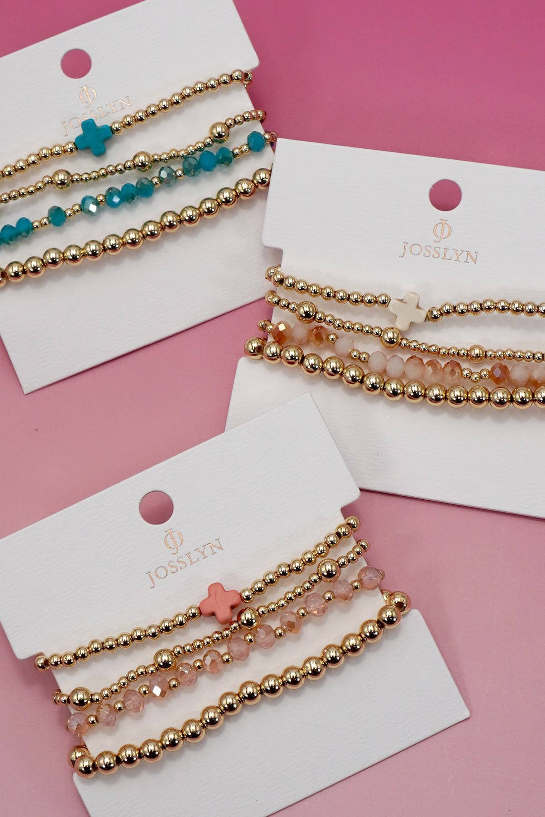 JOSSLYN by wall to wall - BOHO CROSS WHITE &amp; MULTI  COLORFUL BEADED STRETCH BRACELET | Pink - Vintage Dragonfly Boutique