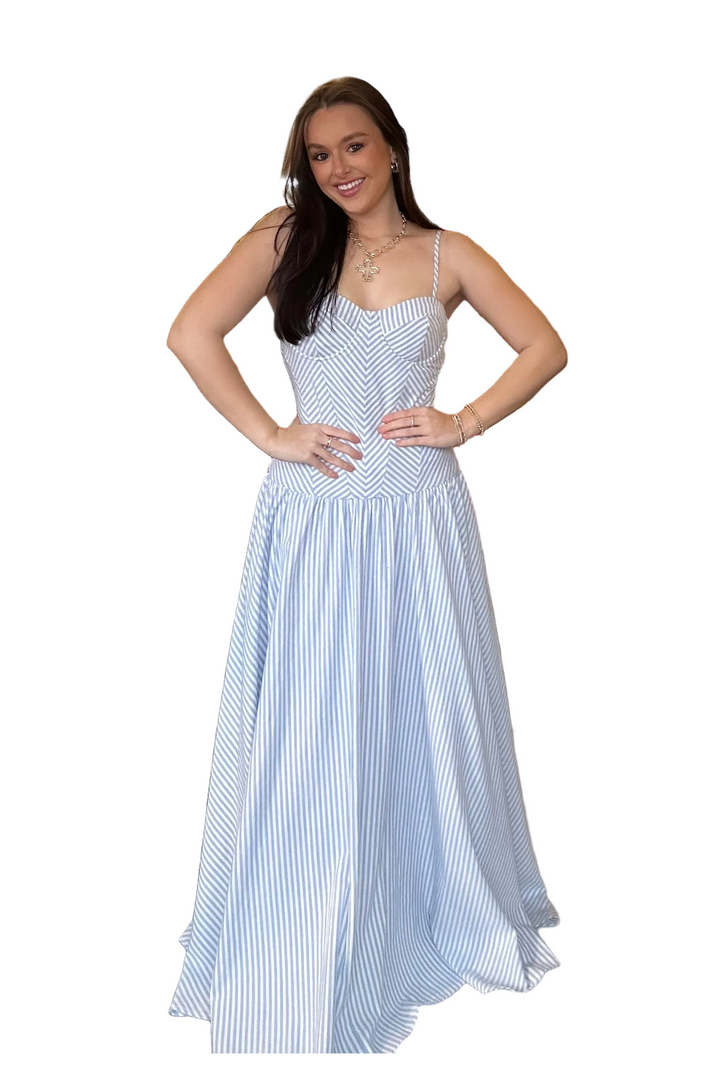 Light Blue Striped Corset Maxi Dress with Sweetheart Neckline – TCEC Cotton Summer Dress