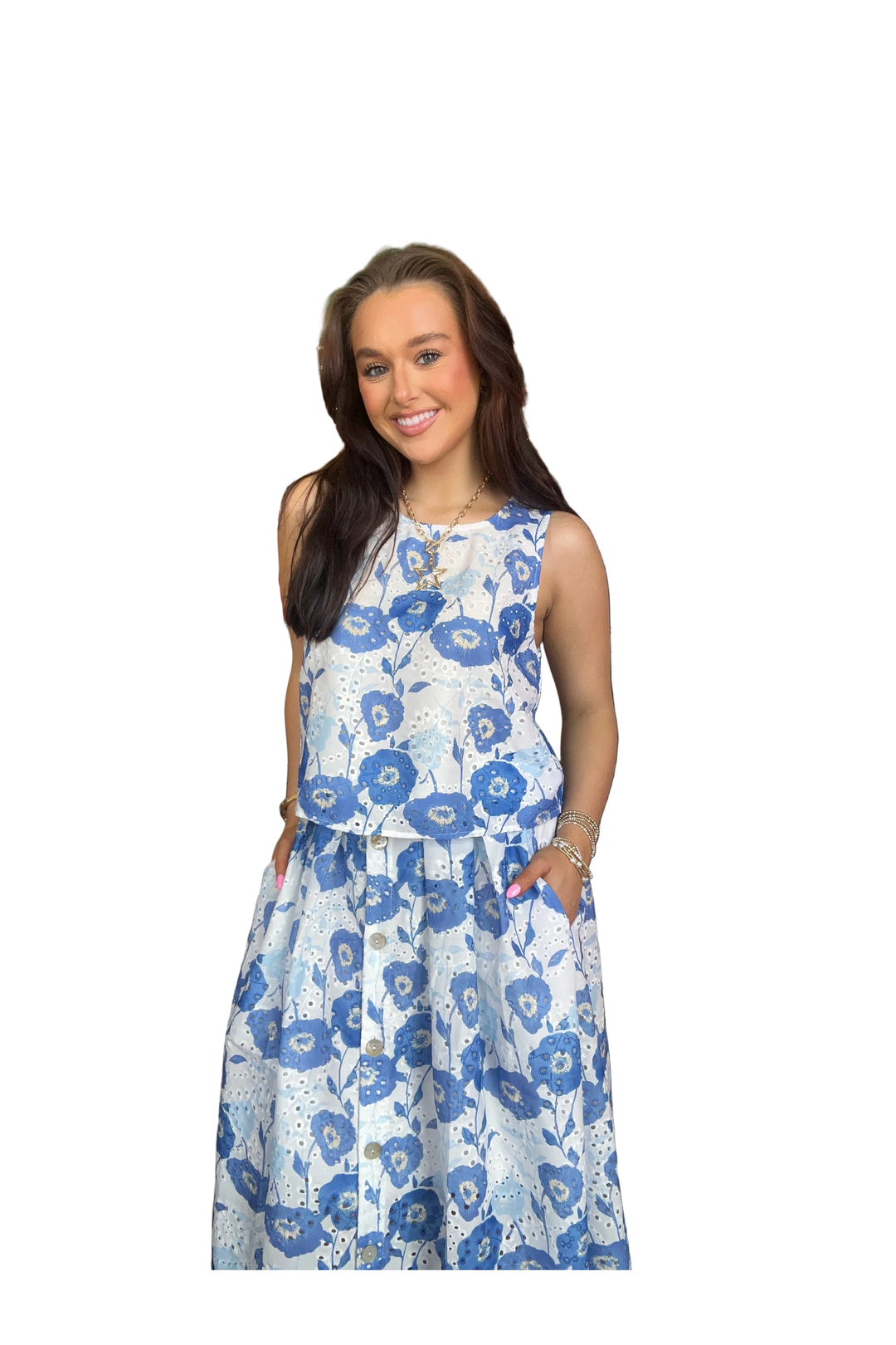 Entro Blue Floral Button Front Midi Skirt - Vintage Dragonfly Boutique