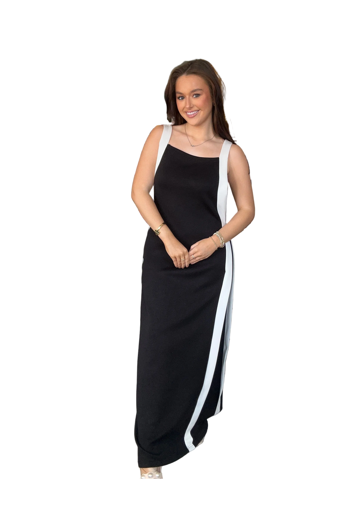 ENTRO Black &amp; White Contrast Trim Maxi Dress – Sleeveless Modest Midi Dress - Vintage Dragonfly Boutique