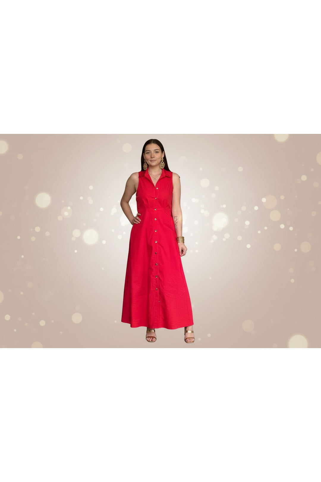 Entro Red Button Front Midi Dress | Sleeveless Collared Summer Dress for Women - Vintage Dragonfly Boutique