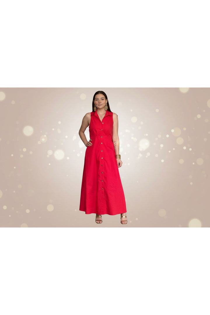Entro Red Button Front Midi Dress | Sleeveless Collared Summer Dress for Women - Vintage Dragonfly Boutique