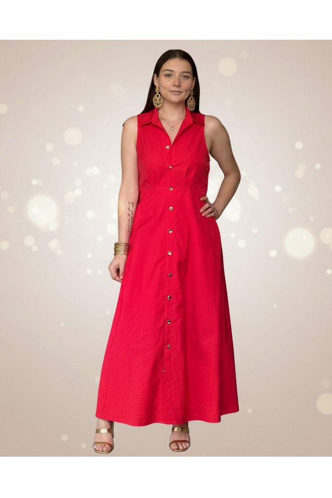 Entro Red Button Front Midi Dress | Sleeveless Collared Summer Dress for Women - Vintage Dragonfly Boutique