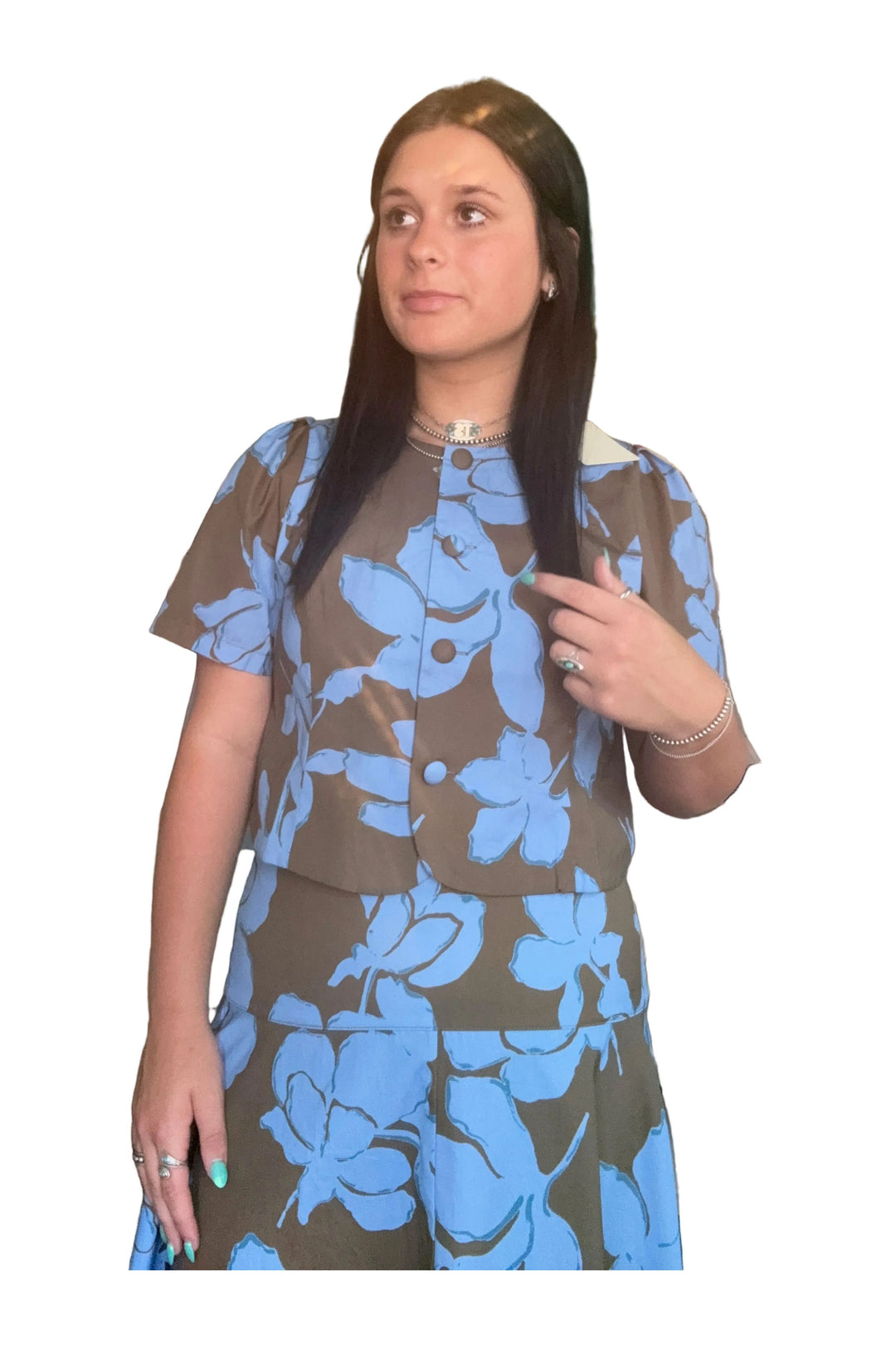 Entro Blue Floral Button-Front Cropped Top