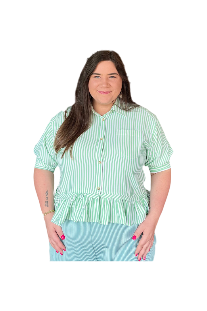 Apple Green Striped 3/4 L Sleeve Ruffle Hem Top