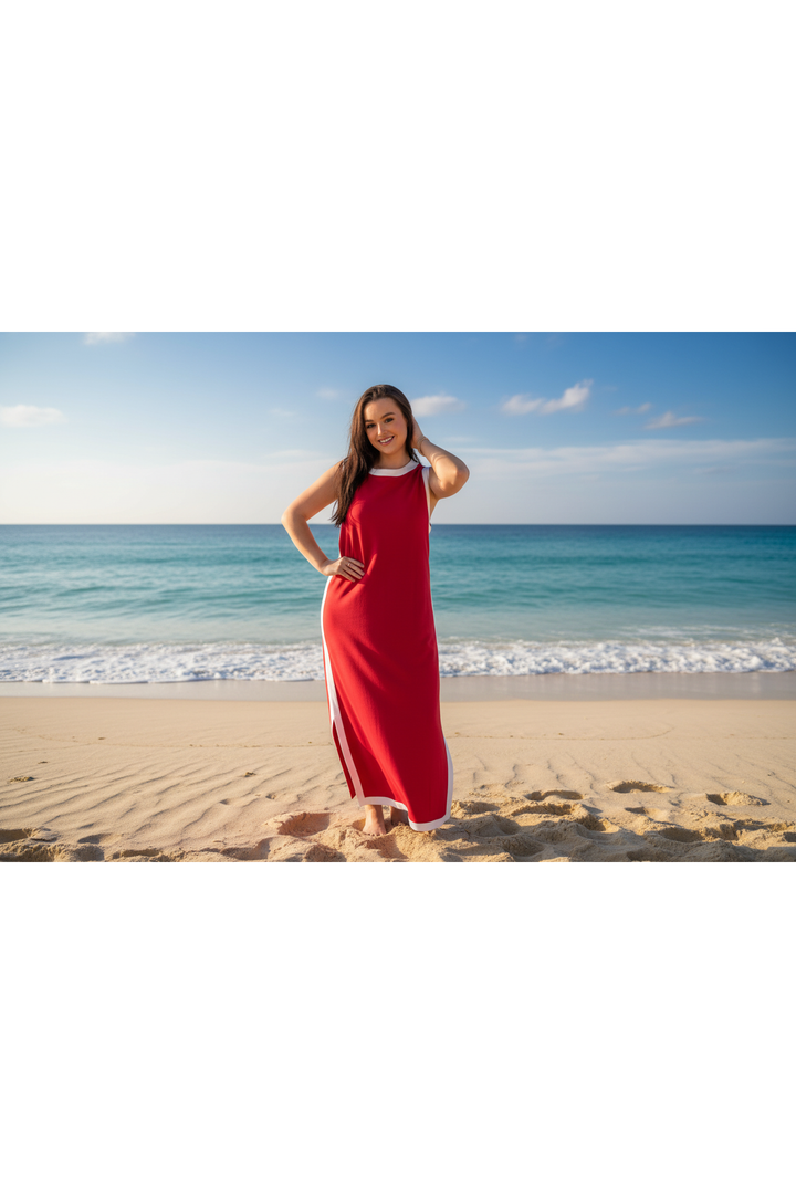 Woman in a red dress standing on a beach with ocean and sky in the background