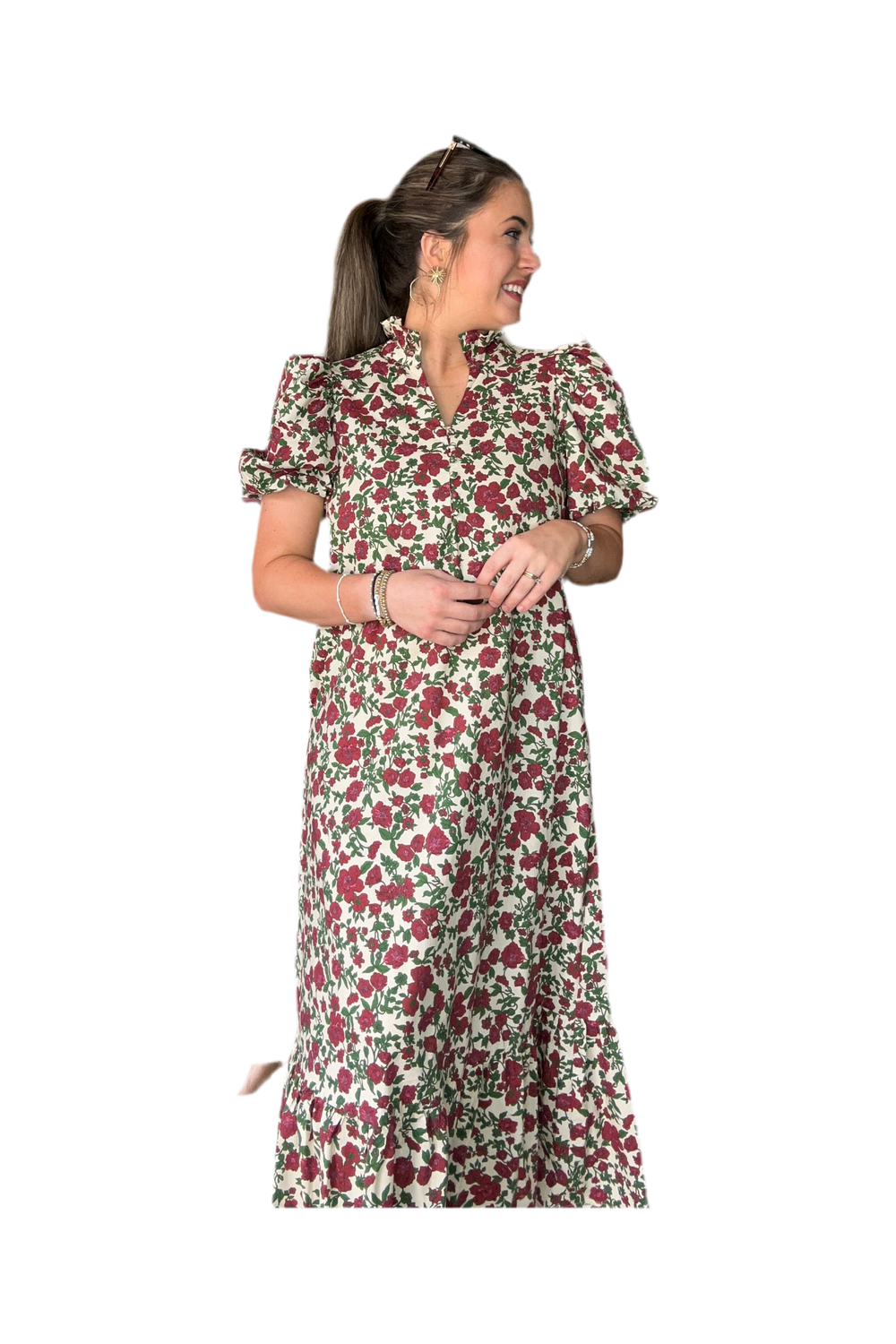 Romantic Floral Midi Dress with Bubble Sleeves - By Entro - Vintage Dragonfly Boutique