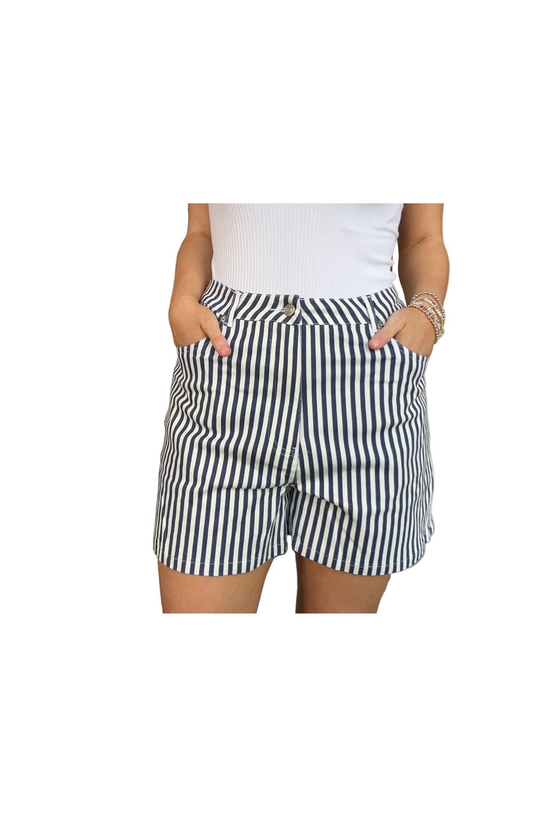 Entro Navy &amp; Tan Striped Classic Shorts - Vintage Dragonfly Boutique