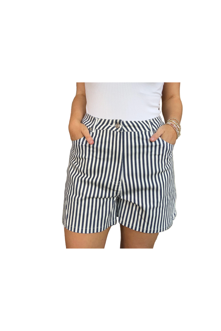 Entro Navy &amp; Tan Striped Classic Shorts - Vintage Dragonfly Boutique