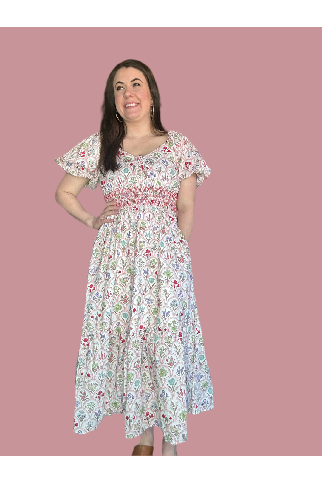Entro V-neck Floral Pattern Puff Sleeve Maxi Dress - Vintage Dragonfly Boutique
