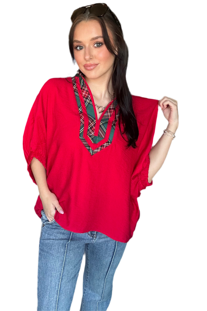 Red Plaid Trim V-Neck Dolman Top