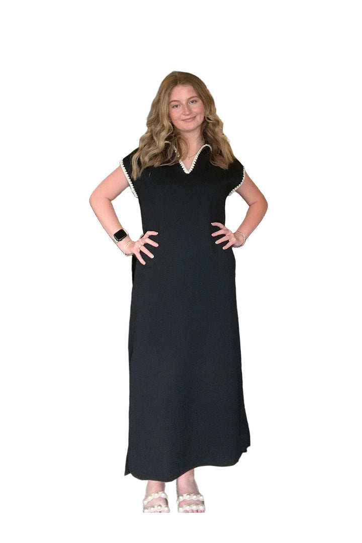 Entro Black Contrast Trim Maxi Dress | Classic Collared Everyday Dress - Vintage Dragonfly Boutique