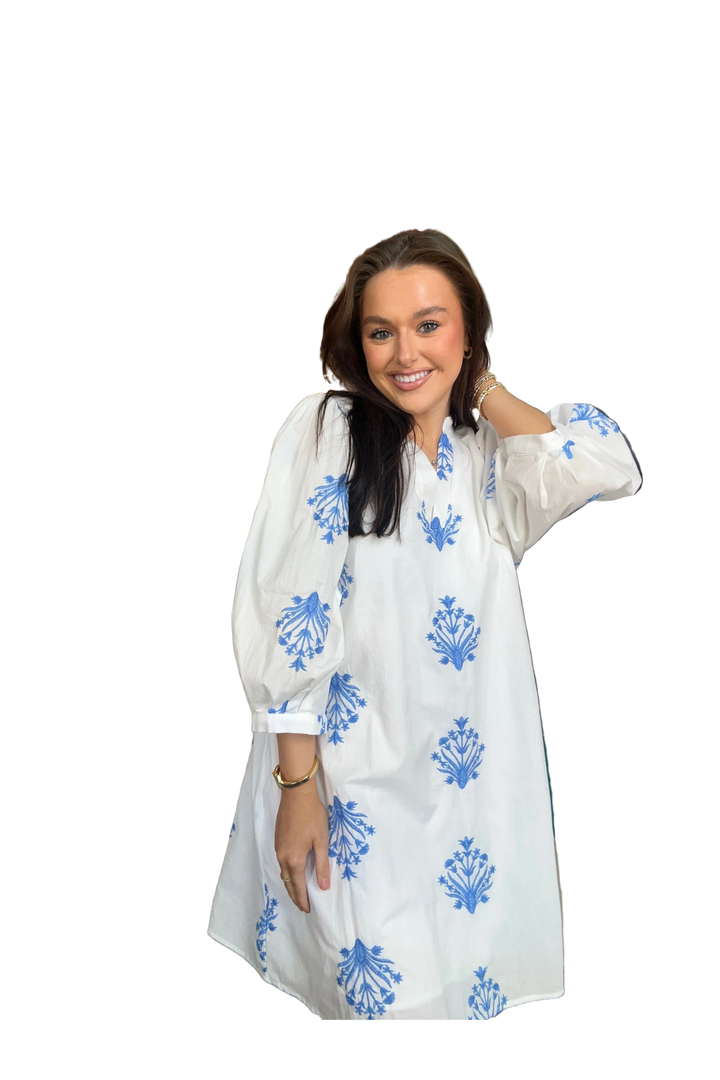 White Mini Dress with Blue Embroidery by Entro - Vintage Dragonfly Boutique
