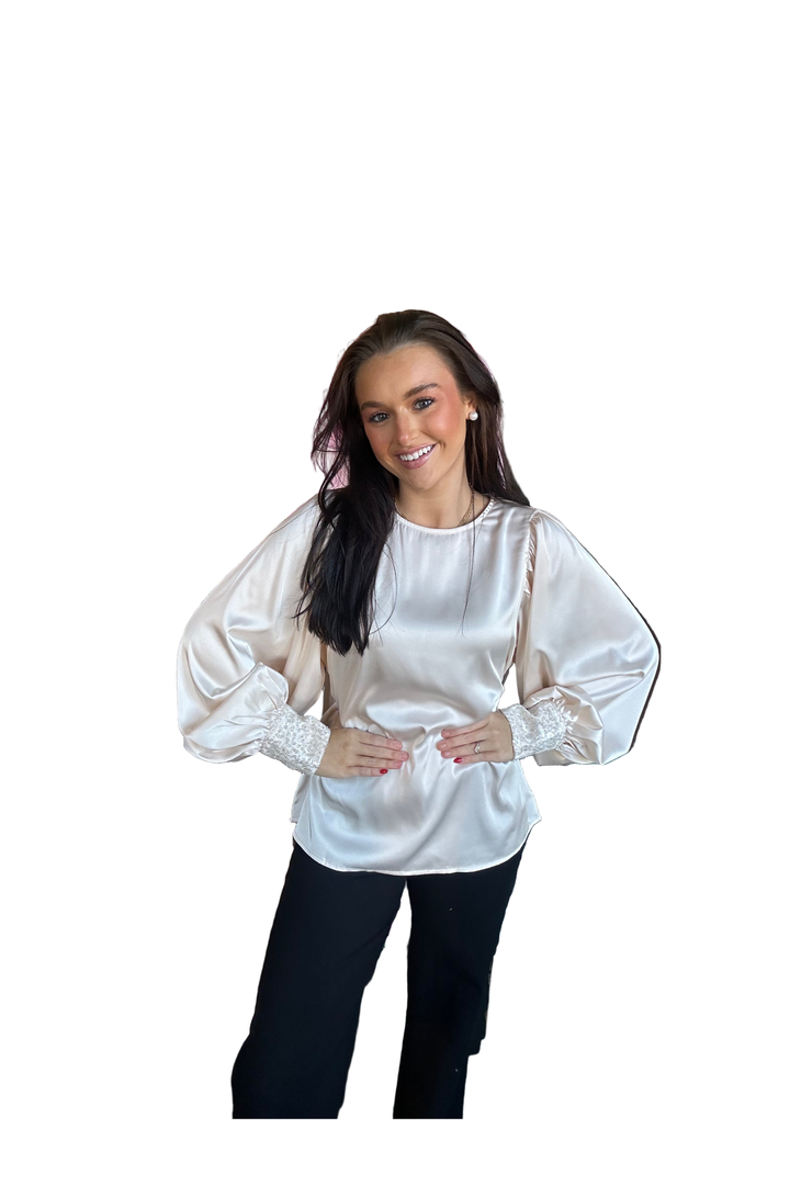 Champagne Sequin Cuff Blouse – Vine & Love Long Sleeve Top with Keyhole Back