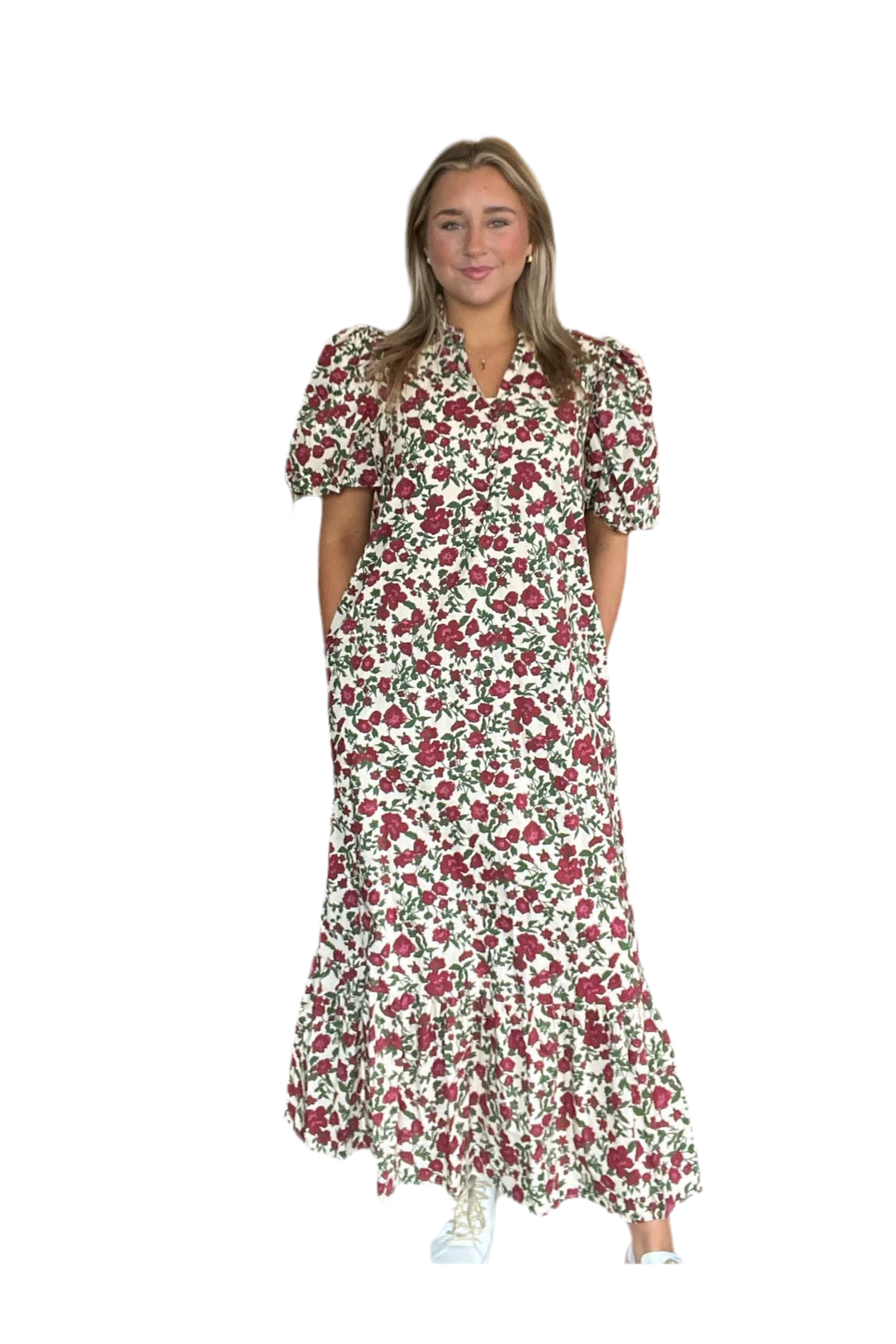 Romantic Floral Midi Dress with Bubble Sleeves - By Entro