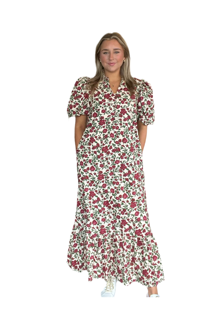 Romantic Floral Midi Dress with Bubble Sleeves - By Entro