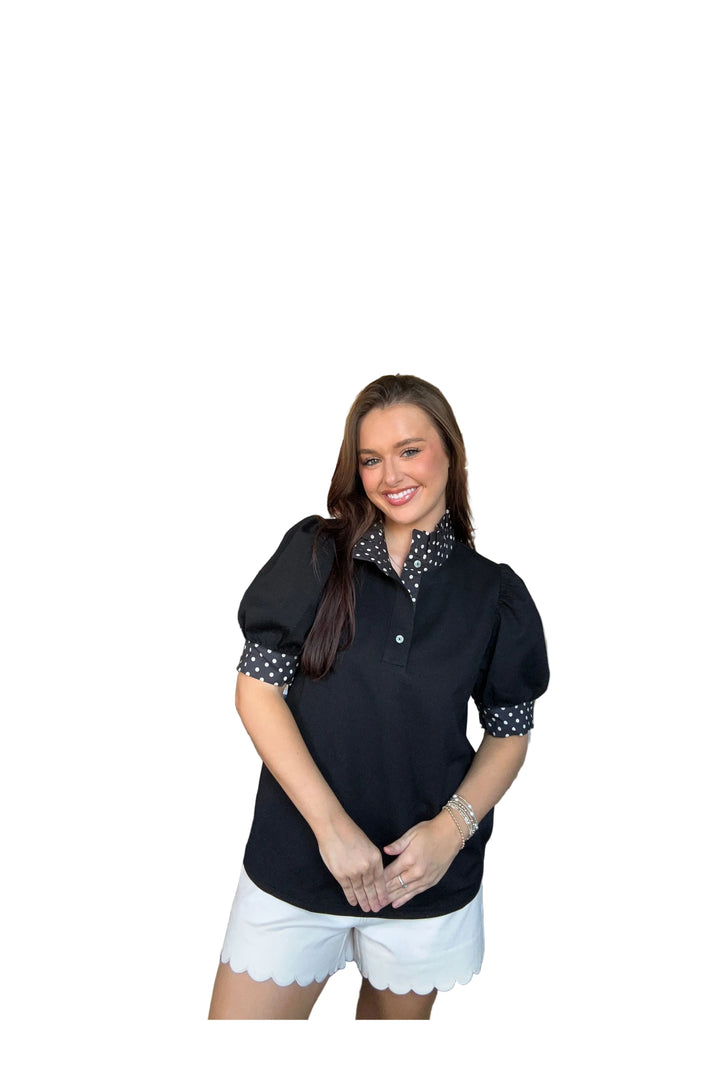 Entro Polka Dot Trim Puff Sleeve Top – Black or Brown - Vintage Dragonfly Boutique