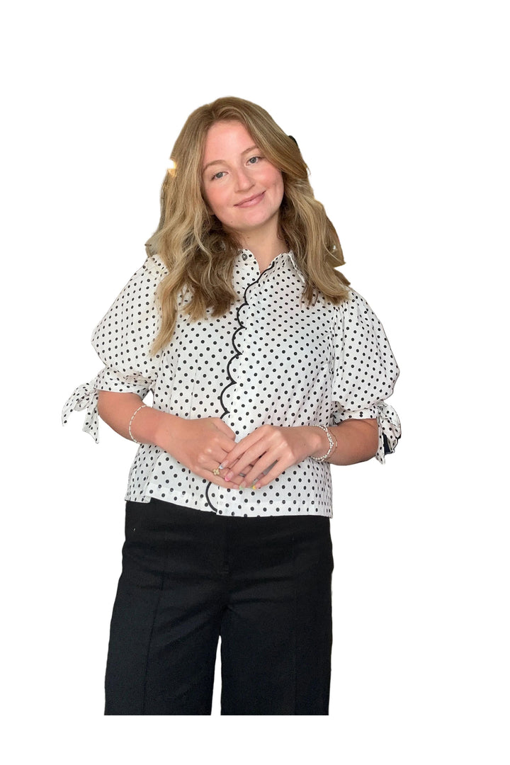 Entro Polka Dot Scallop Trim Blouse – Hot Pink &amp; Black Puff Sleeve Tie Waist Top - Vintage Dragonfly Boutique