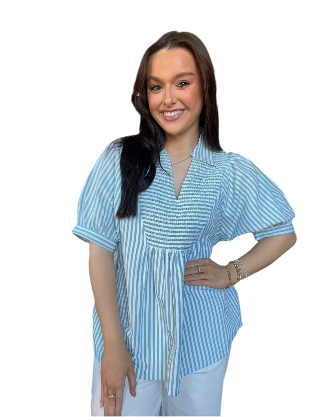 Entro Babydoll Stripe Top – Lemon, Pink & Mint Puff Sleeve Blouse