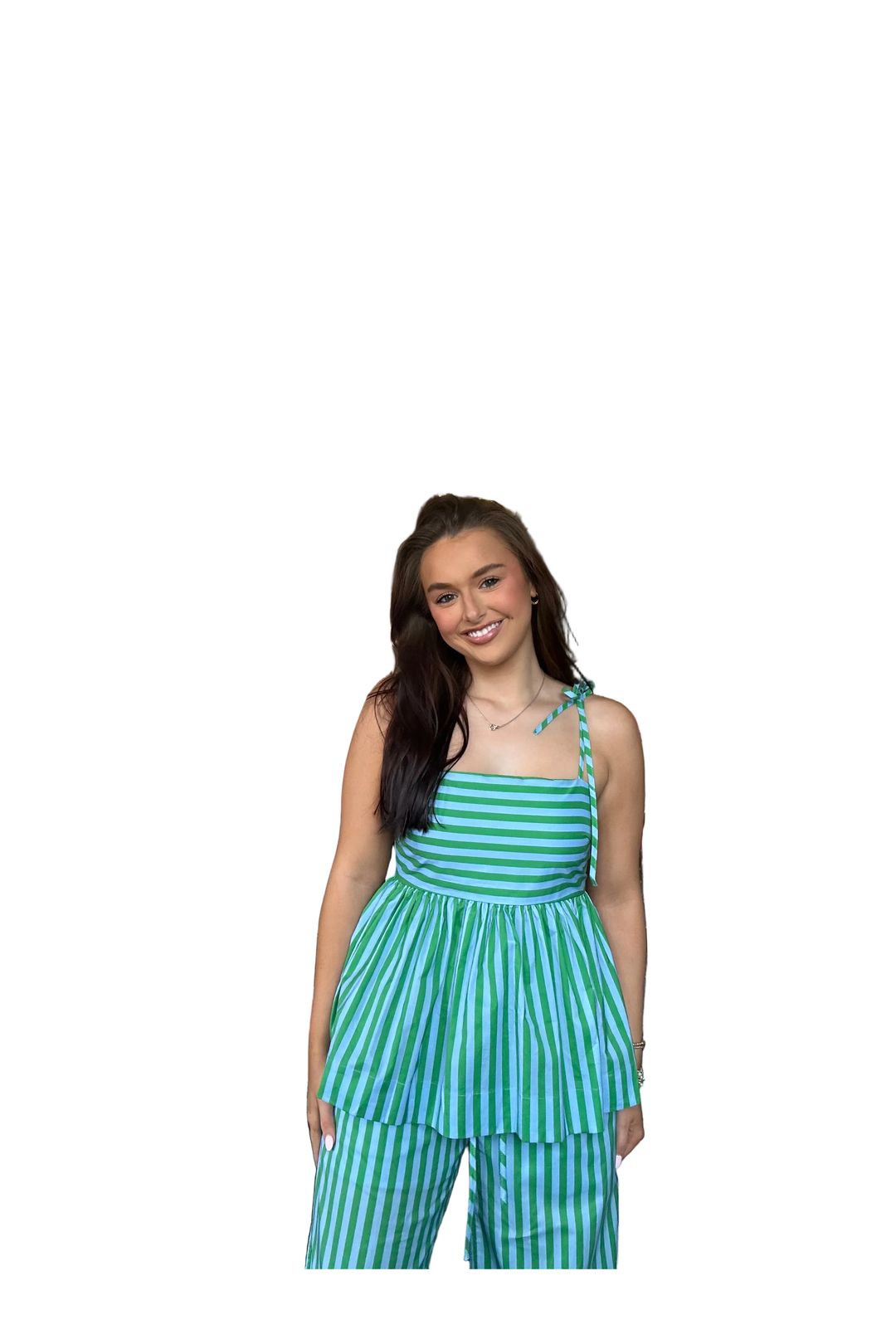 Entro Green Stripe Matching Set – Wide Leg Pants & Peplum Top | Effortless Summer Outfit - Vintage Dragonfly Boutique