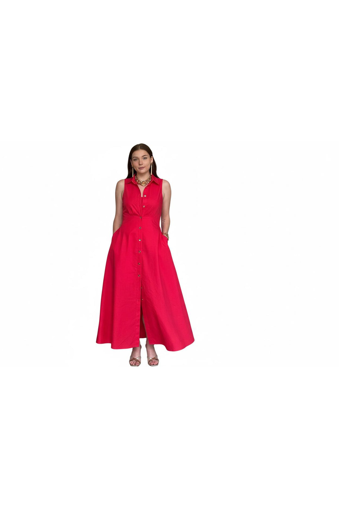 Entro Red Button Front Midi Dress | Sleeveless Collared Summer Dress for Women - Vintage Dragonfly Boutique