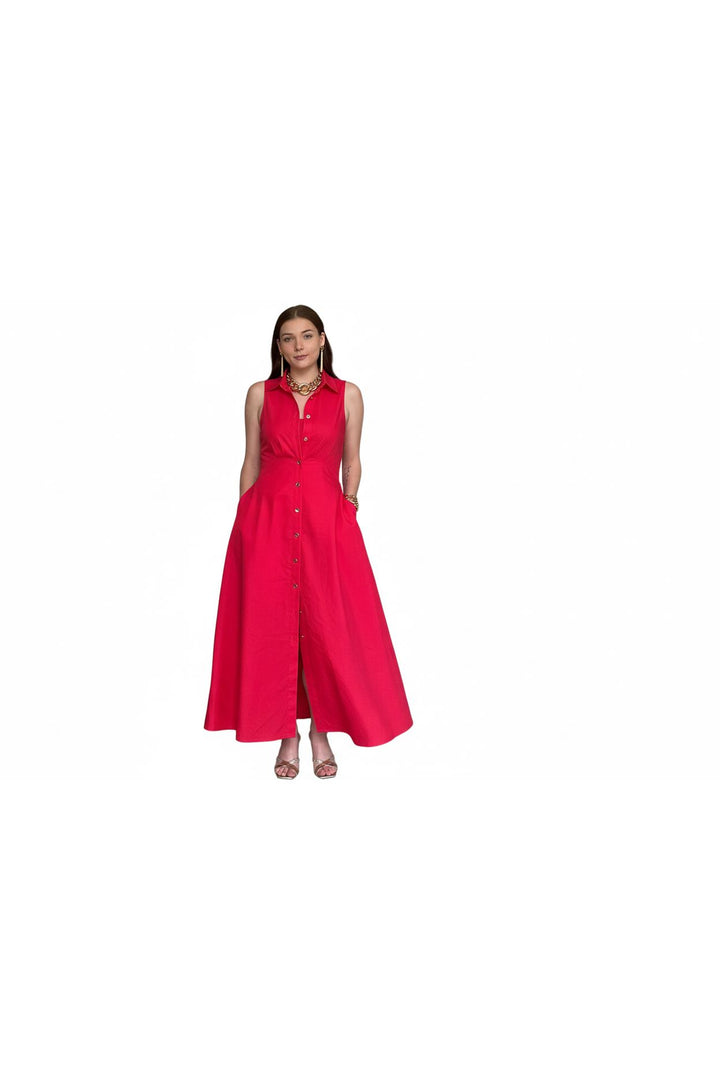 Entro Red Button Front Midi Dress | Sleeveless Collared Summer Dress for Women - Vintage Dragonfly Boutique