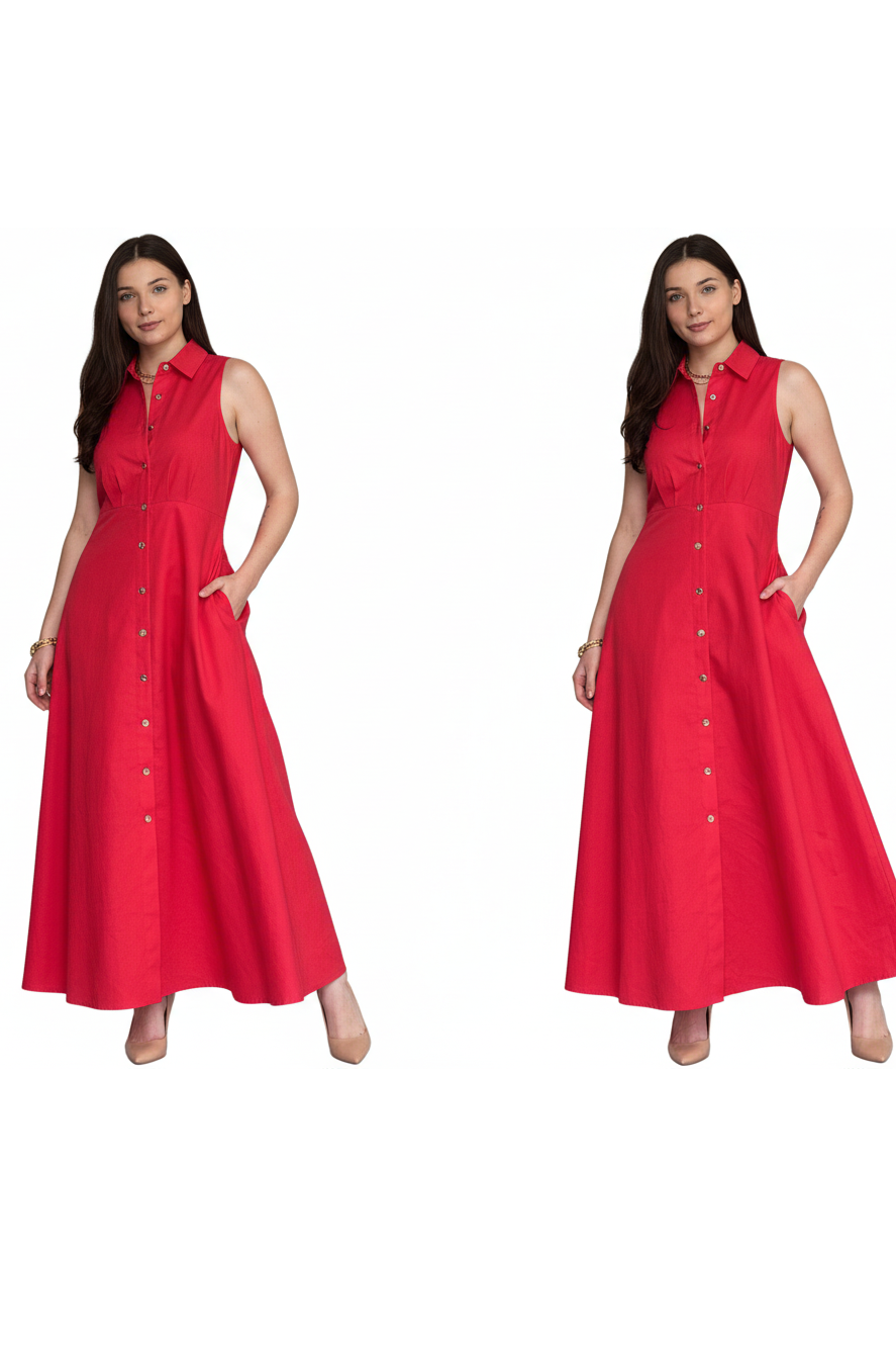 Entro Red Button Front Midi Dress | Sleeveless Collared Summer Dress for Women - Vintage Dragonfly Boutique