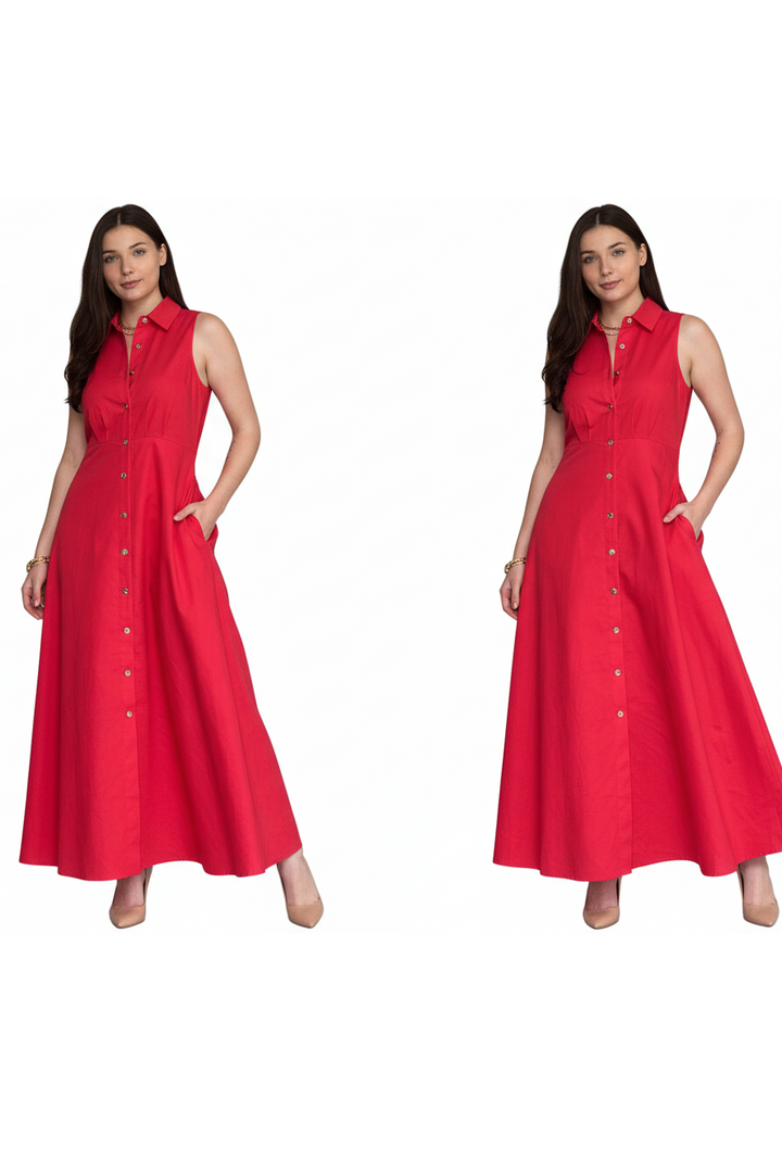 Entro Red Button Front Midi Dress | Sleeveless Collared Summer Dress for Women - Vintage Dragonfly Boutique