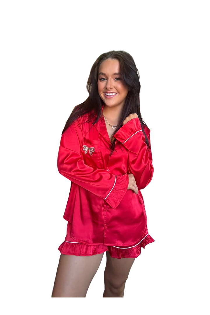Red Ruffle Pajama Set with Bow Detail – Peach Love Loungewear
