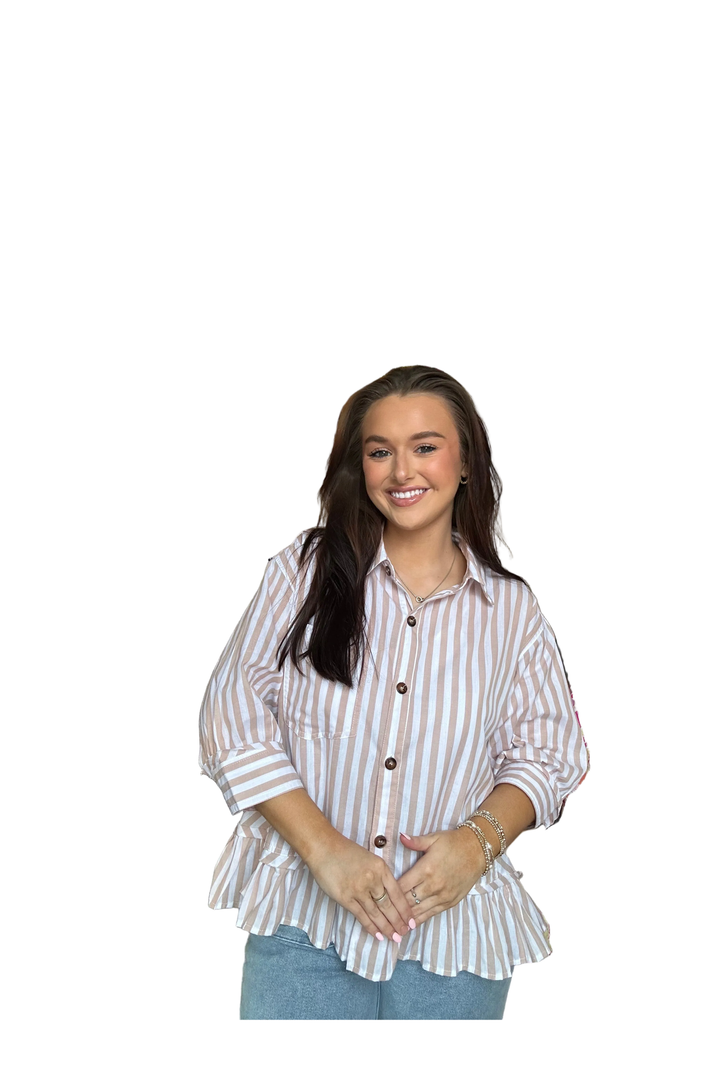 Sewn and Seen White with Taupe Stripes Peplum Button Front Top - Vintage Dragonfly Boutique