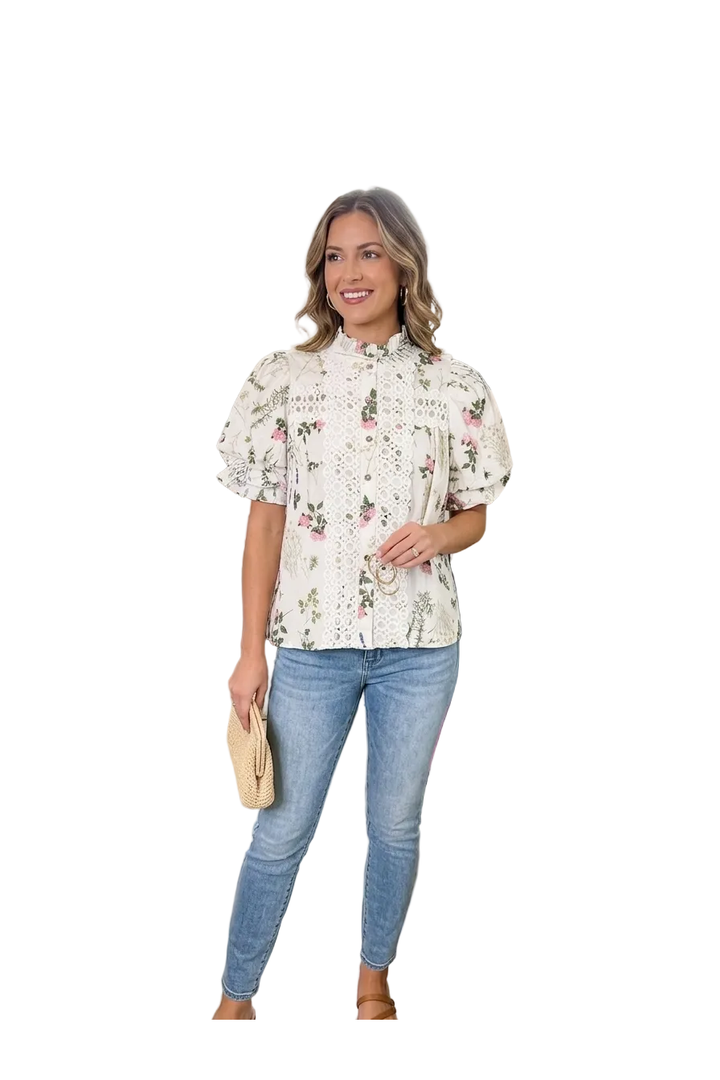 Entro Floral Lace Detail Button Front Top – Feminine Spring Blouse - Vintage Dragonfly Boutique